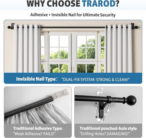 No Drill Curtain Rod for Windows 25 to 86 Inch - 2.0 Dual-Fix Adhesive & Invisible Nail, 5/8" Adjustable Black Curtain Rod No Drilling, Renter Friendly for Apartments & Dorms in Saudi Arabia