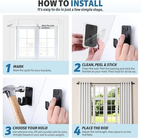 No Drill Curtain Rod for Windows 25 to 86 Inch - 2.0 Dual-Fix Adhesive & Invisible Nail, 5/8" Adjustable Black Curtain Rod No Drilling, Renter Friendly for Apartments & Dorms in Saudi Arabia
