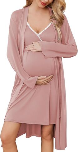 Ekouaer Maternity Nursing Gown and Robe Set Nursing 3 In 1 Labor Delivery Nightgowns for Hospital Breastfeeding Gowns Light Pink Medium in Saudi Arabia