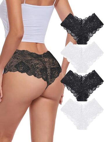 ADOREJOY 4 Pack Underwear for Women Lace Panties V Waist Boyshorts Cheeky Shorts in Saudi Arabia