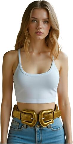 Women’s Metallic Gold Stretch Fashion Belt – Double Western Buckles – Size M L in Saudi Arabia