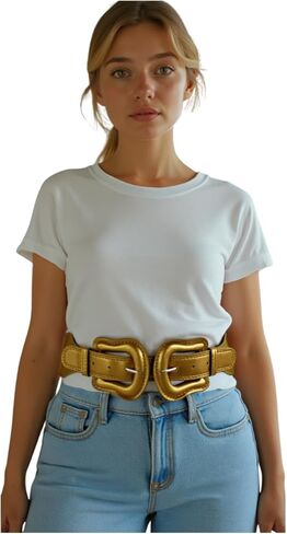 Women’s Metallic Gold Stretch Fashion Belt – Double Western Buckles – Size M L in Saudi Arabia