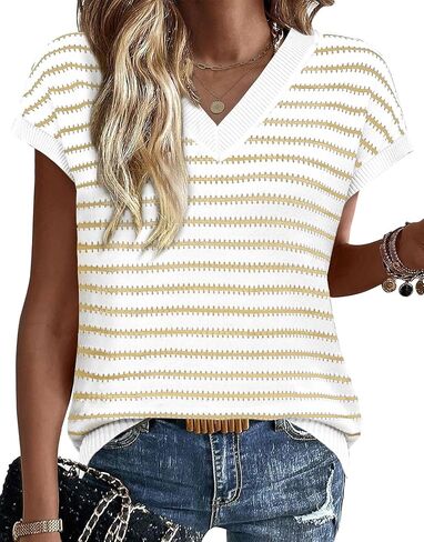 WIHOLL Womens Short Sleeve Sweater V Neck Cute Tops Trendy Spring Summer Striped Pullover Crochet Sweater Vest in Saudi Arabia