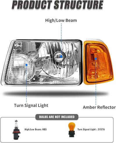 for 2001 2002 2003 2004 2005 2006 2007 2008 2009 2010 2011 Ford Ranger Headlight Assembly with Clear Lens Chrome Housing Amber Reflector Headlamp Replacement Left Right Pair in Saudi Arabia