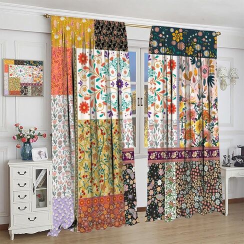 ستائر بوهو المرقعة، ستائر ملونة من الزهور البرية الهبي زهرة المزرعة الريفية، ستائر معزولة حراريًا بجيب قضيب، مجموعتان من الألواح لغرفة النوم وغرفة المعيشة، 42 بوصة عرض × 45 بوصة طول 【ديكور】 in Kuwait