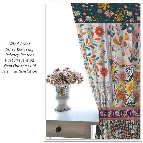 ستائر بوهو المرقعة، ستائر ملونة من الزهور البرية الهبي زهرة المزرعة الريفية، ستائر معزولة حراريًا بجيب قضيب، مجموعتان من الألواح لغرفة النوم وغرفة المعيشة، 42 بوصة عرض × 45 بوصة طول 【ديكور】 in Kuwait
