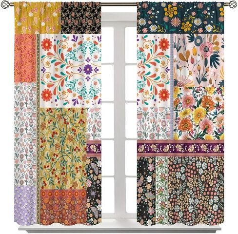 ستائر بوهو المرقعة، ستائر ملونة من الزهور البرية الهبي زهرة المزرعة الريفية، ستائر معزولة حراريًا بجيب قضيب، مجموعتان من الألواح لغرفة النوم وغرفة المعيشة، 42 بوصة عرض × 45 بوصة طول 【ديكور】 in Kuwait