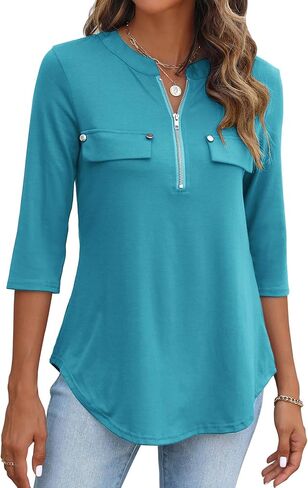 Halife Women's 3/4 Length Sleeve V Neck Flowy Tunic Blouses Work Tops Shirts with Zippers in Saudi Arabia