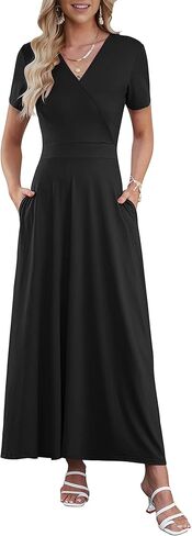 AUSELILY Women's Summer Maxi Dress Short Sleeve Floral Print Bohemian V Neck with Pockets in Kuwait