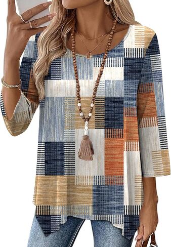 AKEWEI 3/4 Length Sleeve Womens Tunic Tops Loose Fit Blouses Dressy Casual Crew Neck Tees S-3XL in Saudi Arabia