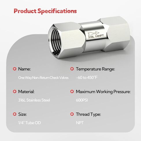 1 قطعة 316L الفولاذ المقاوم للصدأ صمام فحص في اتجاه واحد ، 1/4 "NPT صمام فحص ضاغط الهواء منع التدفق العكسي in Kuwait