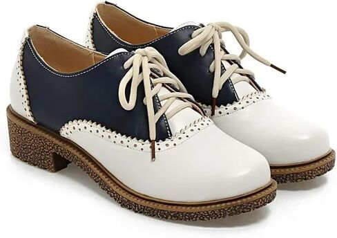 Women's Saddle Oxford Shoes - Classic Wingtip Brogue Flats, 50s Vintage Retro Chunky Low Heel Lace-Up Dress Shoes in Saudi Arabia