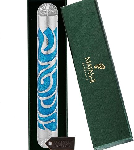Matashi Hand Painted Blue Enamel 6 inch Mezuzah Embellished with Hebrew Shin Home Door Wall Decor Home Décor Jewish Holiday Housewarming Present House Blessing Gift for Holiday Festival in Saudi Arabia