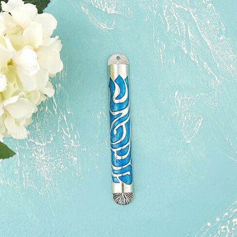 Matashi Hand Painted Blue Enamel 6 inch Mezuzah Embellished with Hebrew Shin Home Door Wall Decor Home Décor Jewish Holiday Housewarming Present House Blessing Gift for Holiday Festival in Saudi Arabia