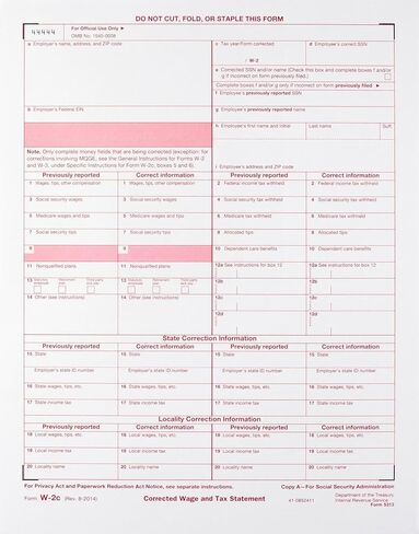 W-2C Wage Corrected & Tax Statement, SSA Copy A, Laser Tax Forms - Pack of 25- IRS Approved in Saudi Arabia