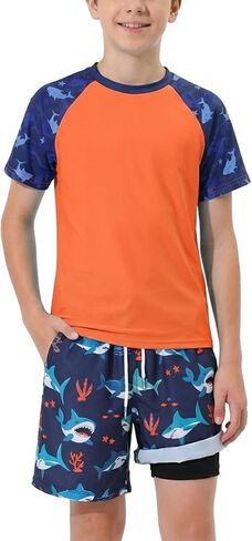 WISREMT Boys 2 Piece Swimsuit Short Sleeve Swim Rash Guard Set Youth Teens UPF 50+ Swimming Shirt with Lined Swim Trunks in Kuwait