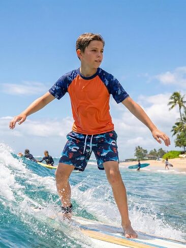 WISREMT Boys 2 Piece Swimsuit Short Sleeve Swim Rash Guard Set Youth Teens UPF 50+ Swimming Shirt with Lined Swim Trunks in Saudi Arabia
