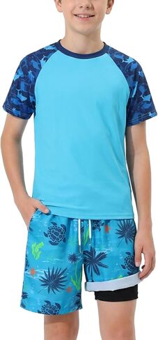 WISREMT Boys 2 Piece Swimsuit Short Sleeve Swim Rash Guard Set Youth Teens UPF 50+ Swimming Shirt with Lined Swim Trunks in Saudi Arabia