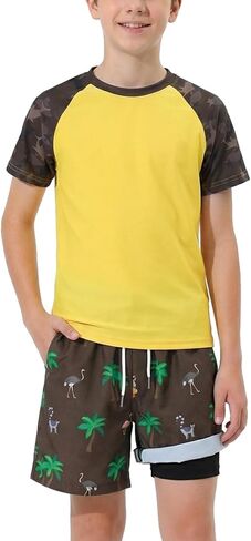 WISREMT Boys 2 Piece Swimsuit Short Sleeve Swim Rash Guard Set Youth Teens UPF 50+ Swimming Shirt with Lined Swim Trunks in Saudi Arabia