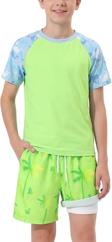 WISREMT Boys 2 Piece Swimsuit Short Sleeve Swim Rash Guard Set Youth Teens UPF 50+ Swimming Shirt with Lined Swim Trunks in Saudi Arabia