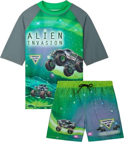 Monster Jam Swimsuit for Boys, 2 Pc Boys Swim Trunks & Rash Guard Swim Set, UPF 50 Bathing Suit Beach Outfits 4-12 in Saudi Arabia