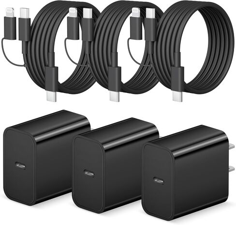 10ft iPhone 16 15 Charger Fast Charging ، 3+3pack 20W USB C BLOCK مع 2 في 1 كابل Lightning Cable & Type C متوافق مع iPhone 16/15/14/13/12/11/PRO MAX/IPAD PRO/AIRPODS in Kuwait