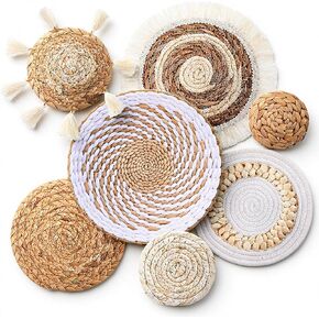 Oqqlin 7 Pcs Boho Wall Basket Decor, Handmade Seagrass Rattan Wicker Wall Decor Flat Round Rustic Woven Hanging Art for Bedroom, Kitchen, Living Room, Office Decorations in Saudi Arabia