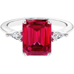 Solid 14k White or Yellow Gold 3.50 Carats Emerald Cut Lab Grown Ruby Ring with Kite Shape Diamond Sides, 3 Stone Engagement, July Birthstone, Birthday, Anniversary, Wedding Gift for Women, w/ Jewelry Box, Sizes 4-10 in Saudi Arabia