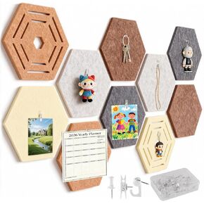 لوحات نشرة من اللباد السداسي 10 عبوات مقاس 11.8 بوصة × 10.23 بوصة × 0.47 بوصة لوحات جدارية من بلاط النشرات ذاتية اللصق لديكور المكاتب المنزلية، لوحة مذكرة صورة الرؤية مع 40 دبوس دفع + 10 مقاطع + 10 خطافات in Kuwait