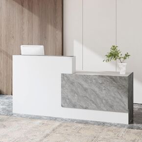 Large Modern Reception Desk, 86.6" Long Business Front Reception Desk with Storage Open Shelves, Office Display Counter Table, Retail Check Out Counter for Office, Salon (White &Grey) in Kuwait