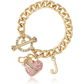 Juicy Couture Pink Stone Heart Bracelet for Women, 7.5" Gold-Tone Toggle Bracelet with Logo Charms, Mother's Day Gifts for Her in Saudi Arabia