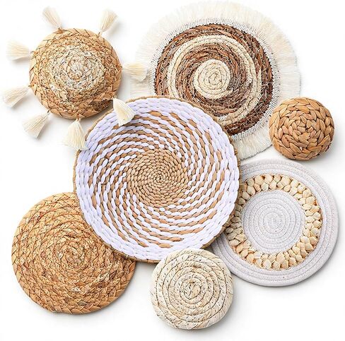 Oqqlin 7 Pcs Boho Wall Basket Decor, Handmade Seagrass Rattan Wicker Wall Decor Flat Round Rustic Woven Hanging Art for Bedroom, Kitchen, Living Room, Office Decorations in Saudi Arabia