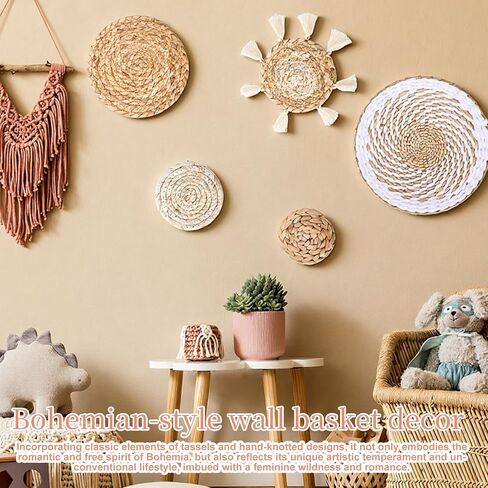 Oqqlin 7 Pcs Boho Wall Basket Decor, Handmade Seagrass Rattan Wicker Wall Decor Flat Round Rustic Woven Hanging Art for Bedroom, Kitchen, Living Room, Office Decorations in Saudi Arabia