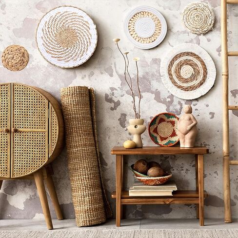 Oqqlin 7 Pcs Boho Wall Basket Decor, Handmade Seagrass Rattan Wicker Wall Decor Flat Round Rustic Woven Hanging Art for Bedroom, Kitchen, Living Room, Office Decorations in Saudi Arabia