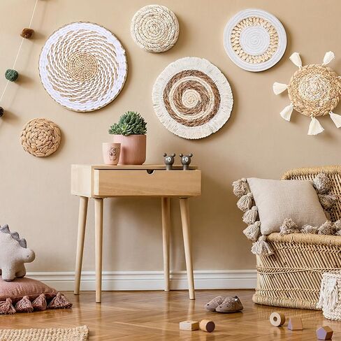 Oqqlin 7 Pcs Boho Wall Basket Decor, Handmade Seagrass Rattan Wicker Wall Decor Flat Round Rustic Woven Hanging Art for Bedroom, Kitchen, Living Room, Office Decorations in Saudi Arabia