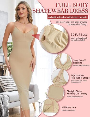 SLIMBELLE Shapewear Slip For Women Under Dress Tummy Control Bodycon Long Dress Adjustable Strap V Neck Full Body Shaper in Saudi Arabia