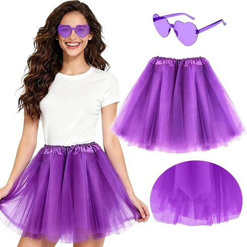 PLULON Tutu 5 Layers Skirt for Women Adults with Heart Sunglasses, Neon Princess Tutus Skirt for Bachelorette Music Festivals in Saudi Arabia