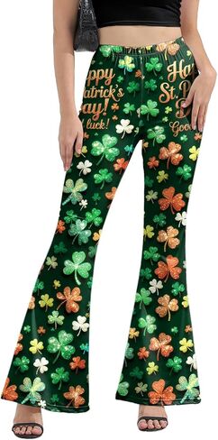 سروال نسائي على شكل جرس يوم القديس باتريك، مقاس كبير، سروال نسائي عالي الخصر مطبوع متوهج باللون الأخضر، سروال نسائي ذو جرس باللون الأحمر in Kuwait