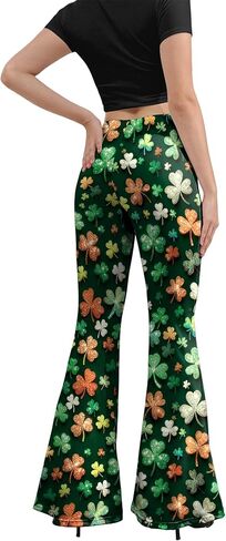 سروال نسائي على شكل جرس يوم القديس باتريك، مقاس كبير، سروال نسائي عالي الخصر مطبوع متوهج باللون الأخضر، سروال نسائي ذو جرس باللون الأحمر in Kuwait