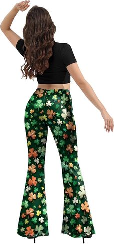 سروال نسائي على شكل جرس يوم القديس باتريك، مقاس كبير، سروال نسائي عالي الخصر مطبوع متوهج باللون الأخضر، سروال نسائي ذو جرس باللون الأحمر in Kuwait