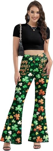 سروال نسائي على شكل جرس يوم القديس باتريك، مقاس كبير، سروال نسائي عالي الخصر مطبوع متوهج باللون الأخضر، سروال نسائي ذو جرس باللون الأحمر in Kuwait