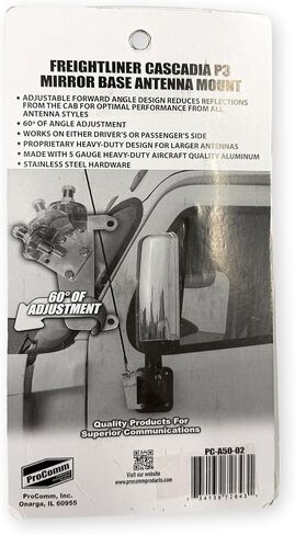 Procomm PC-A50-02 Cascadia Truck Antenna Mirror Mount; Adjustable Angle Bracket JBC910H and S0239 Stud; for Freightliner Cascadia Trucks 2008+ P3, 5-Gauge Aircraft Aluminum Construction in Saudi Arabia