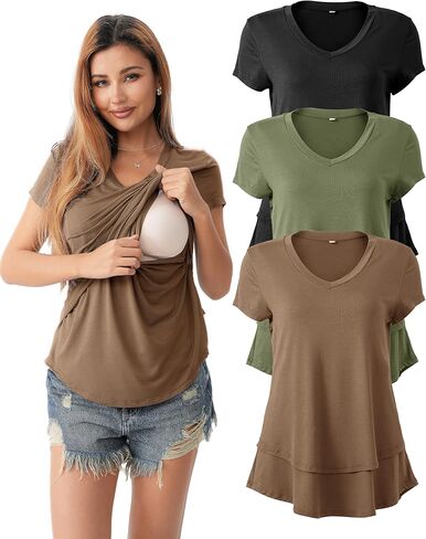 SUNNYBUY 3 Pack Hidden Nursing Tops for Breastfeeding Women Double Layer V Neck Maternity Shirts Postpartum Tee in Kuwait