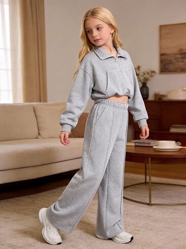 Girls’ Grey Cropped Half-Zip Tracksuit Set, Oversized Pullover & Wide-Leg Pants Casual Outfit for School & Hangouts in Saudi Arabia