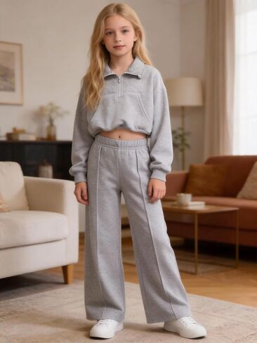 Girls’ Grey Cropped Half-Zip Tracksuit Set, Oversized Pullover & Wide-Leg Pants Casual Outfit for School & Hangouts in Saudi Arabia