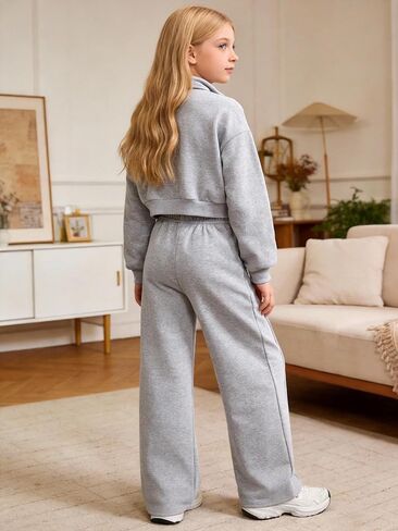 Girls’ Grey Cropped Half-Zip Tracksuit Set, Oversized Pullover & Wide-Leg Pants Casual Outfit for School & Hangouts in Saudi Arabia