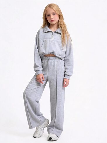 Girls’ Grey Cropped Half-Zip Tracksuit Set, Oversized Pullover & Wide-Leg Pants Casual Outfit for School & Hangouts in Saudi Arabia