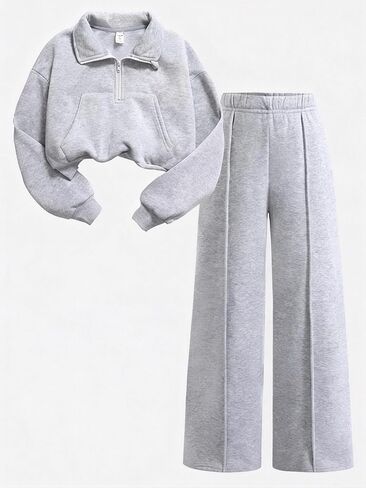 Girls’ Grey Cropped Half-Zip Tracksuit Set, Oversized Pullover & Wide-Leg Pants Casual Outfit for School & Hangouts in Saudi Arabia