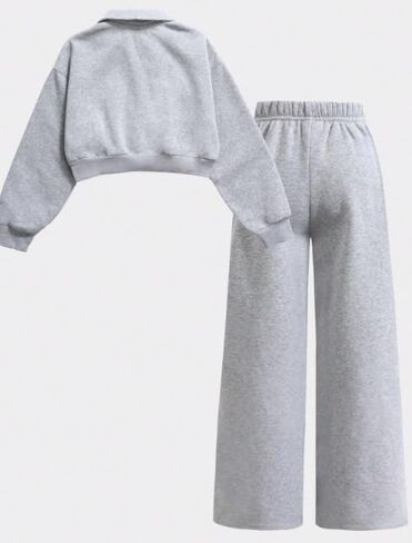 Girls’ Grey Cropped Half-Zip Tracksuit Set, Oversized Pullover & Wide-Leg Pants Casual Outfit for School & Hangouts in Saudi Arabia