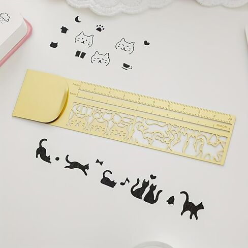 Cat Multi-Functional Ruler (10cm Straight Edge), Brass Kitten Pattern Template Planner, Cute Office School Home Measuring Tool Gift in Saudi Arabia